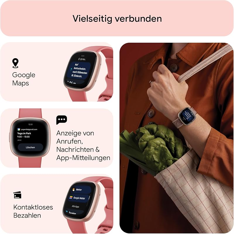 Google Versa 4 Smartwatch Fitness Tracker enthält eine 3 monatige Google Health Premium Mitgliedschaft, 6 Tage Akkulaufzeit – Kompatibel mit Android/iOS, Sandrosa/Aluminium in Kupferrosé