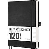 AHGXG Lined Journal Notebook, 160 Numbered Pages, A5 Size (5.7'' x 8.3'') | 120 GSM Thick Paper, for Men &amp; Women, Journaling, Writing, Work &amp; Office, Leather Hardcove (Black)