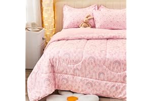 Viviland Kids Twin Bedding Sets for Girls, Soft Twin Comforter Set with Sheets, 5 Pieces Microfiber Bed in a Bag, Pink Heart Rainbow