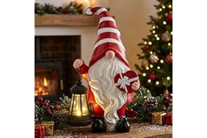 TERESA'S COLLECTIONS Christmas Decoration Outdoor, Christmas Garden Gnome Decorations, Waterproof Resin Gnomes Holding Heart-Shaped Gift Box and Solar Lantern, Xmas Gifts Outdoor/Indoor, 8"