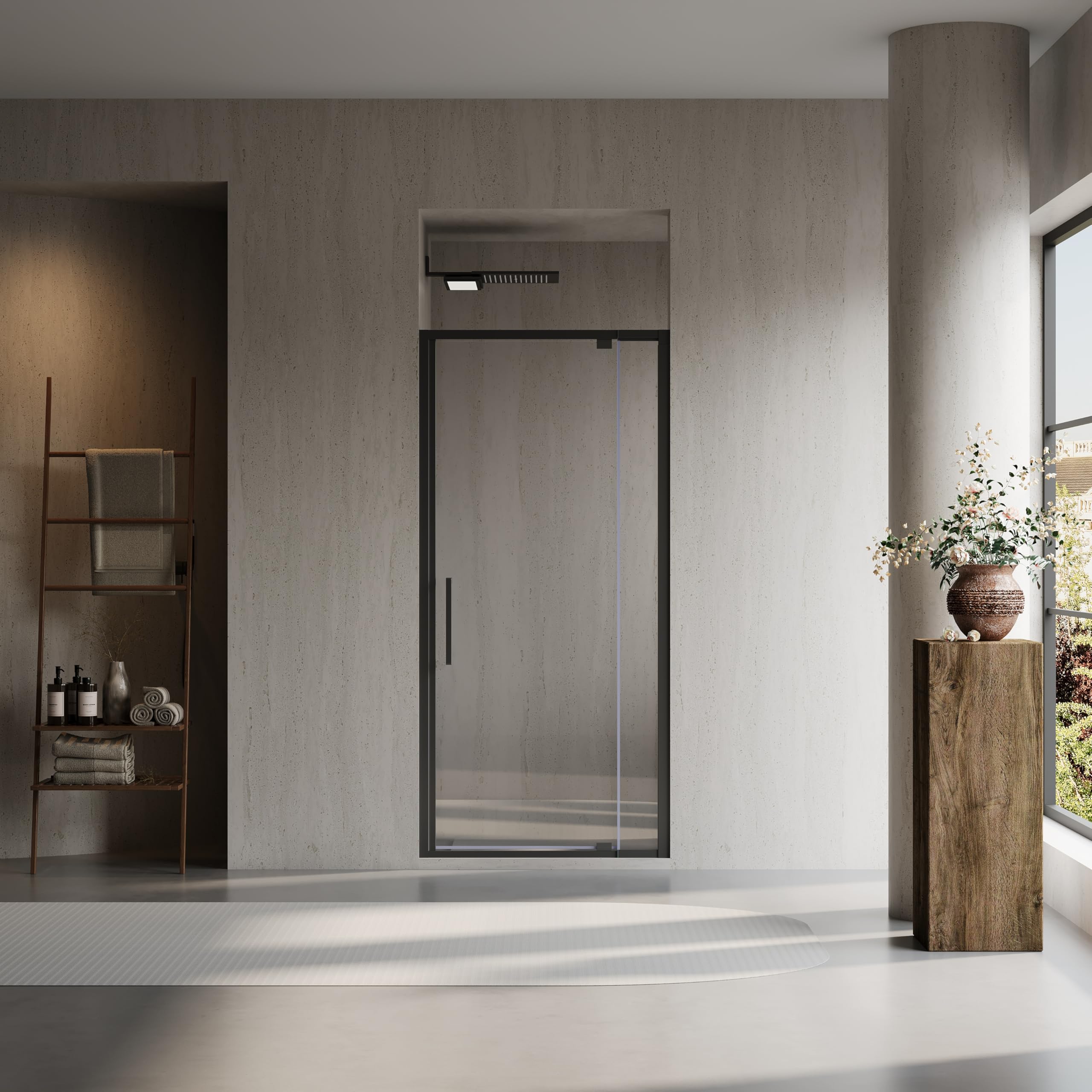 Photo 1 of 32-36" W x 76" H Scalable Adjustable Frame Pivot Shower Door, 1/4" Clear SGCC Tempered Glass,Aluminium Alloy Finish Reversible Installation Shower Doors, Matte Black