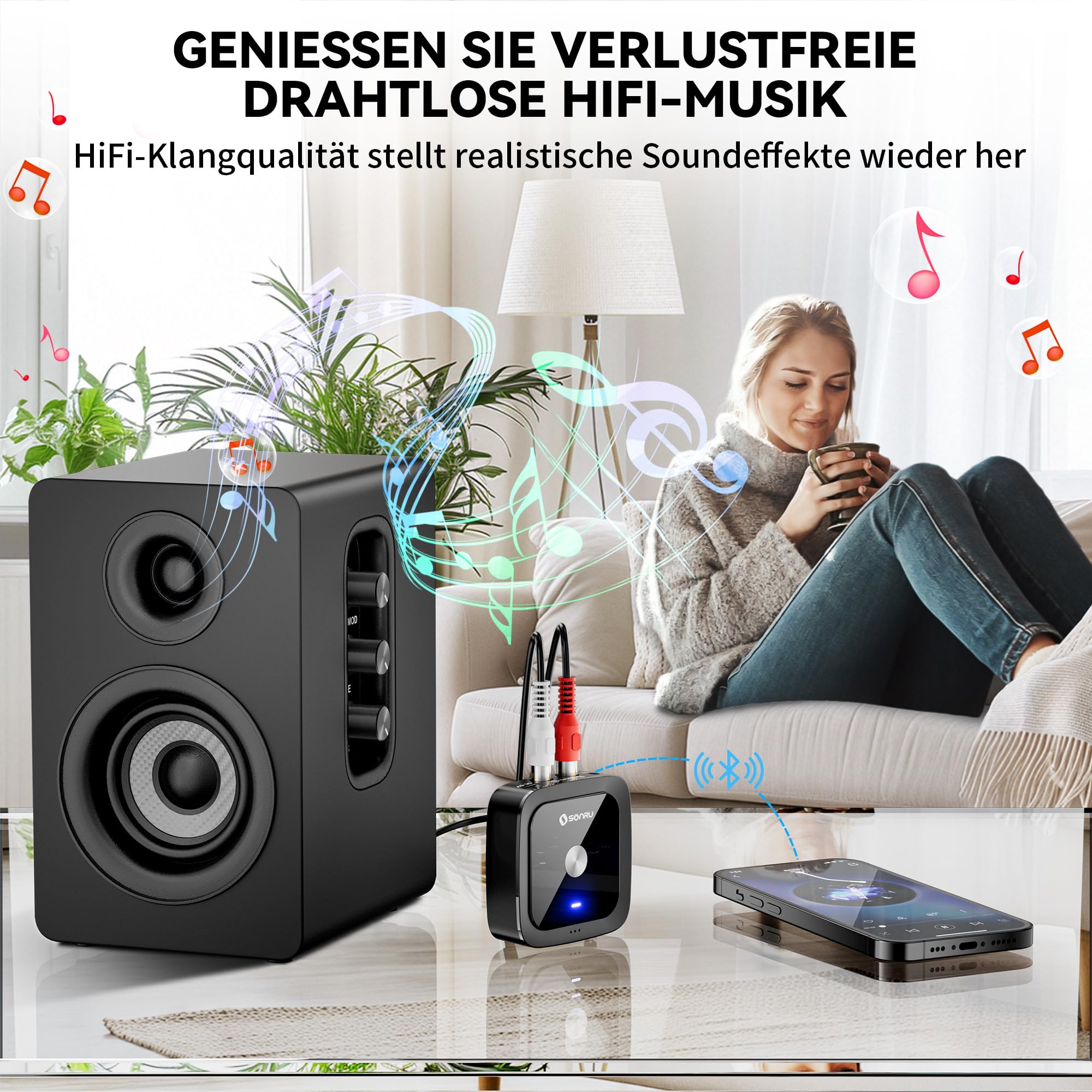 SONRU Bluetooth 6.0 Adapter Empfänger Klinke, Aux Bluetooth Receiver Audio Adapter Stereo mit 3 5mm Klinke und RCA Kabel für Stereoanlage Lautsprecher, Autoradio, Verstärker 3