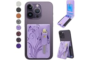 Lacass Card Holder Zipper Kickstand Phone Stick on Wallet for Back of Phone Pouch Adhesive for iPhone/Samsung/Moto/BLU/Nokia and Most Phones(Floral Light Purple)