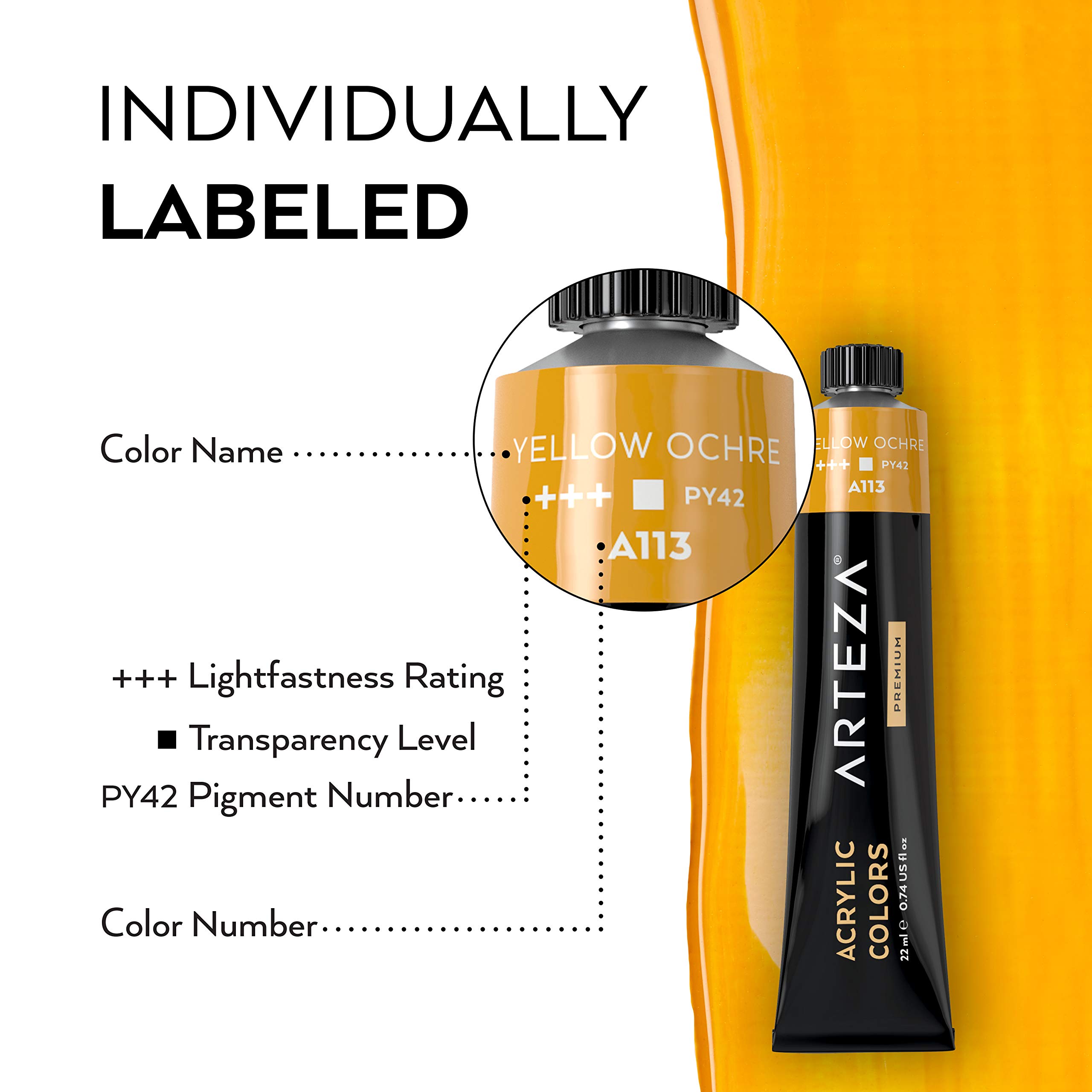 Arteza Acrylic Paint, Set of 60 Colours/Tubes (22 ml, 0.74 oz.) with