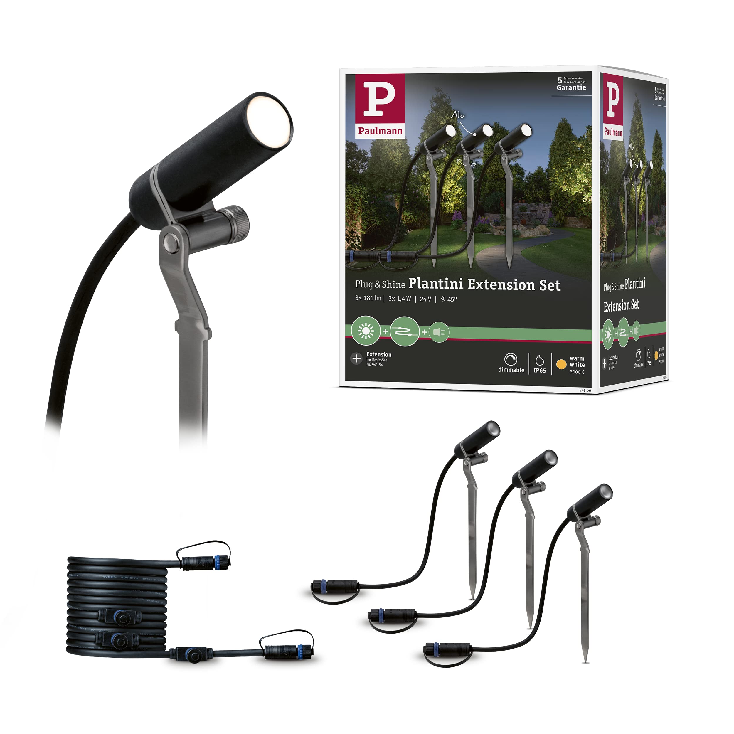 Paulmann 94156 Outdoor Plug & Shine Spotlight Plantini ext. Set 3000K 3x2.5W 24V 40° Anthracite alu, Aluminium, Integriert, 7.5 W, 2.1 x 7.7 x 22.3 cm