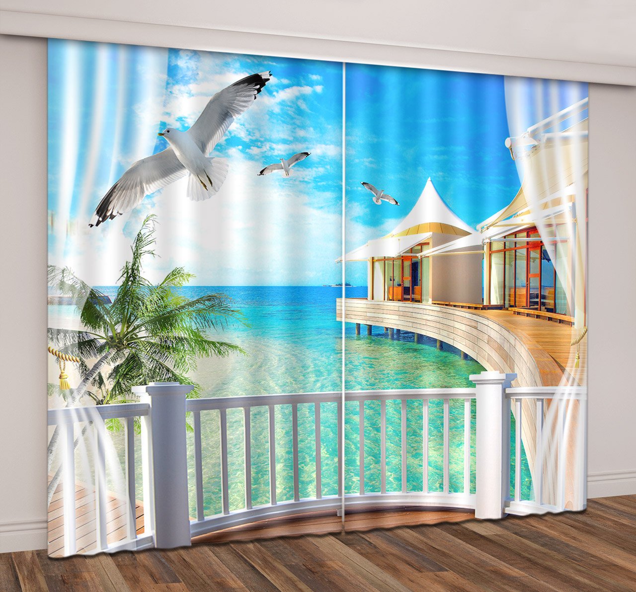 LB Tropical Beach Window Curtains for Living Room Bedroom,Blue Sea