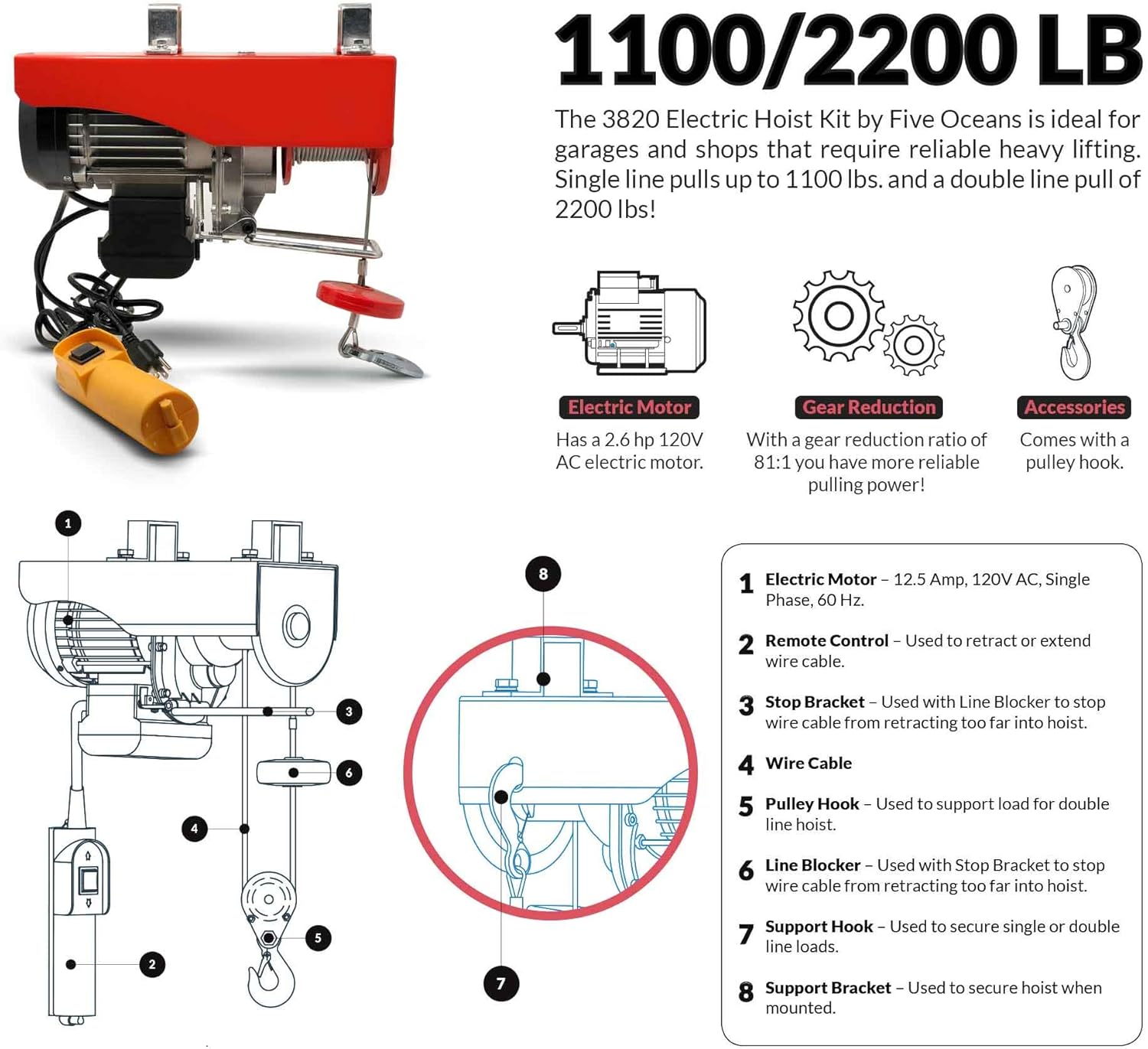 Five Oceans 2200 Lbs Electric Overhead Hoist Lift Crane Ceiling Garage Pulley Winch with Zinc-Plated Steel Wire and Remote Control FO-3820-1 - - 