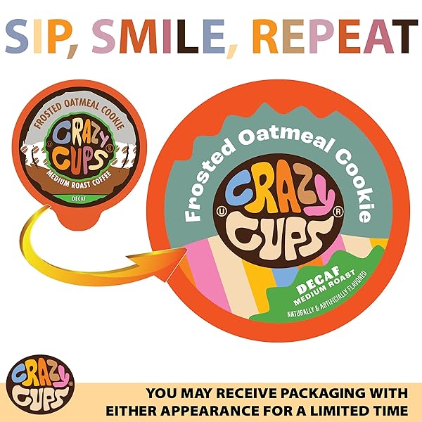 CRAZY CUPS FLAVORED SINGLE-SERVE COFFEE FOR KEURIG K-CUPS MACHINES, DECAF FROSTED OATMEAL COOKIE, 22 PODS PER BOX