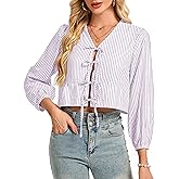 LUXEBOLD Womens Tops Cute Tie Front Striped Blouses Dressy Casual V Neck Shirts Trendy Long Sleeve Crop Tops