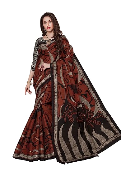 Womens Pure Cotton Printed Saree with Blouse Piece (SKR5488_Black-Brown)