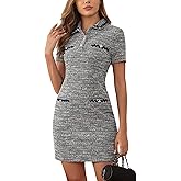 M.Infisavo Womens Tweed Dress, Collared Short Sleeves Pencil Dresses with Pocket for Work Casual
