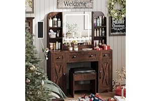 Vabches Makeup Vanity Desk, Vanity Mirror with Lights Desk and Chair,Makeup Table with 3 Large Drawers and 2 Cabinets, Time and Temperature Display, 3 LED Lighting Modes Adjustable, Brown