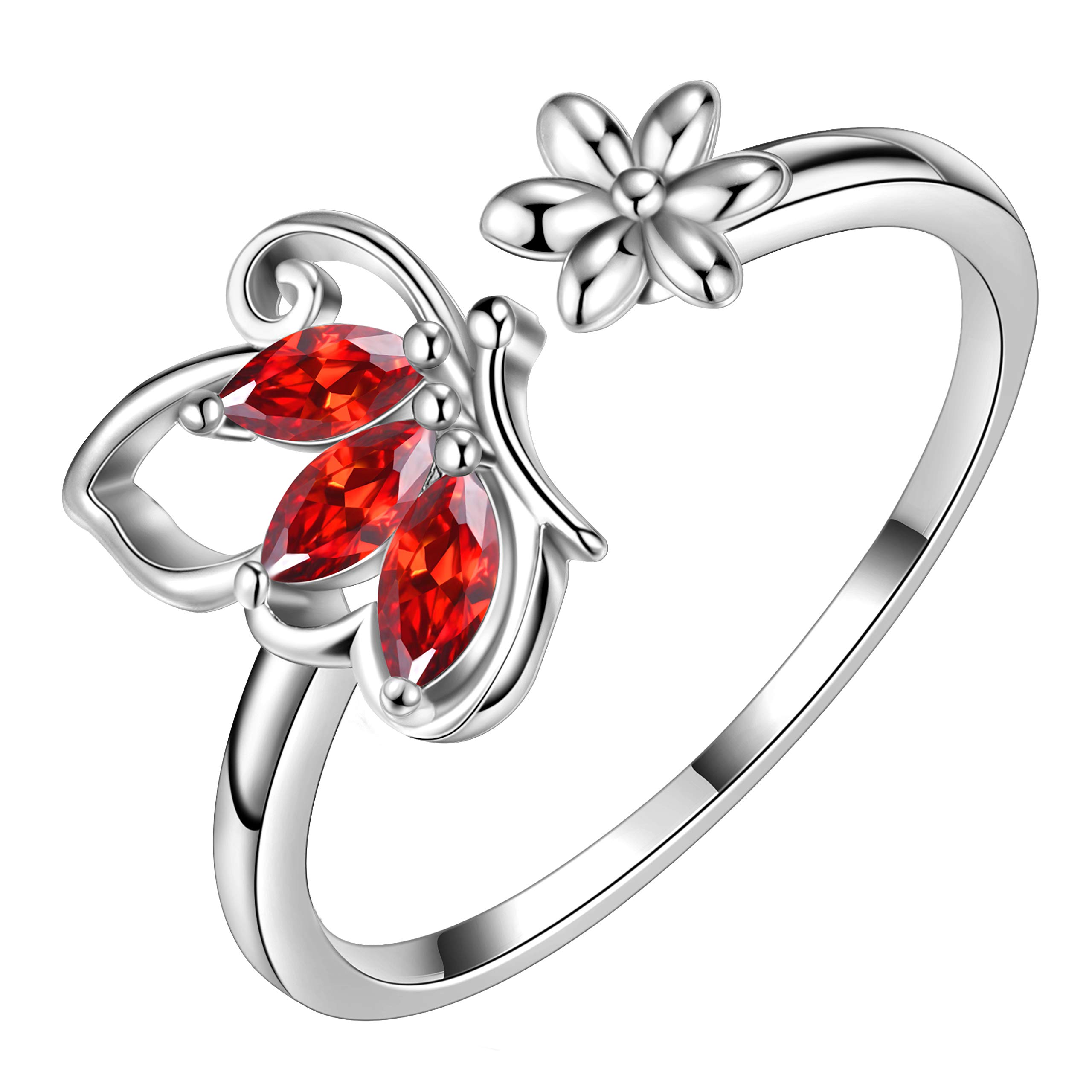 Aurora Tears Butterfly Adjustable Rings 925 Sterling Sliver January Birthstone Red Garnet Opening Ring Animals Jewelry Gift for Women and Girls DP0077J