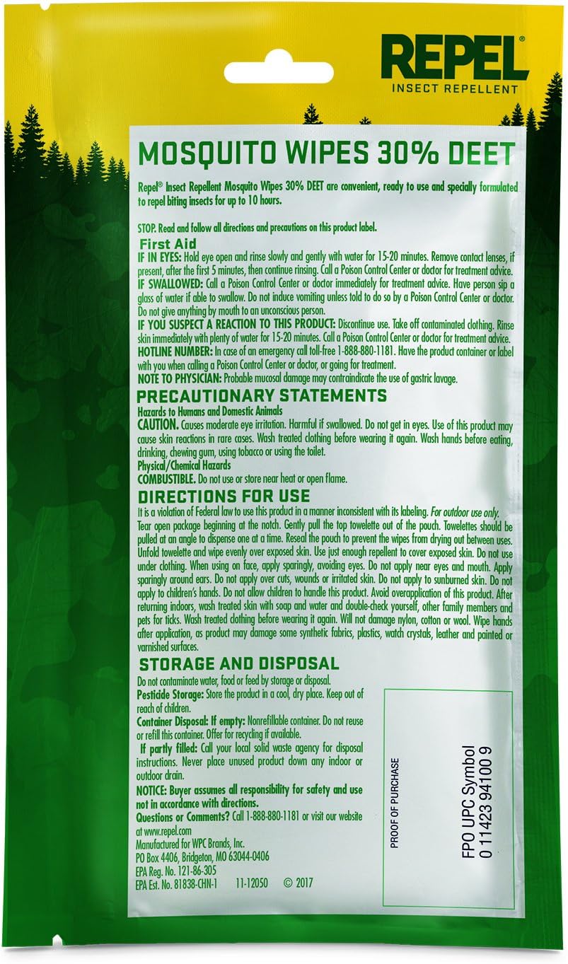 Repel 94100 Insect Repellent Mosquito Wipes 30% DEET, 15-Count: Industrial & Scientific