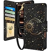 Toycamp for iPhone 17 Pro Wallet Case with Wrist Strap - Leather Flip Folio Phone Case with RFID Blocking 4 Card Holder for Apple for iPhone 17 Pro Funda Cute Aesthetic for Women Ladies, Sun and Moon