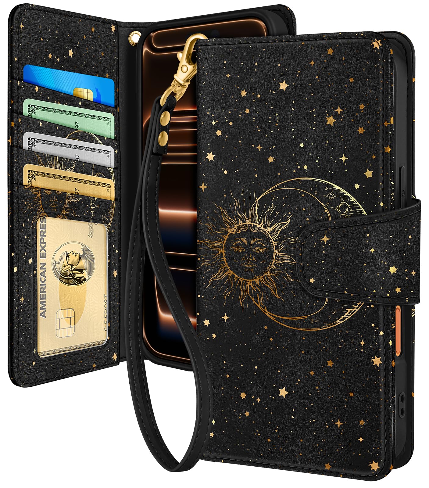 Photo 1 of Toycamp for iPhone 17 Pro Wallet Case with Wrist Strap - Leather Flip Folio Phone Case with RFID Blocking 4 Card Holder for Apple for iPhone 17 Pro Funda Cute Aesthetic for Women Ladies, Sun and Moon