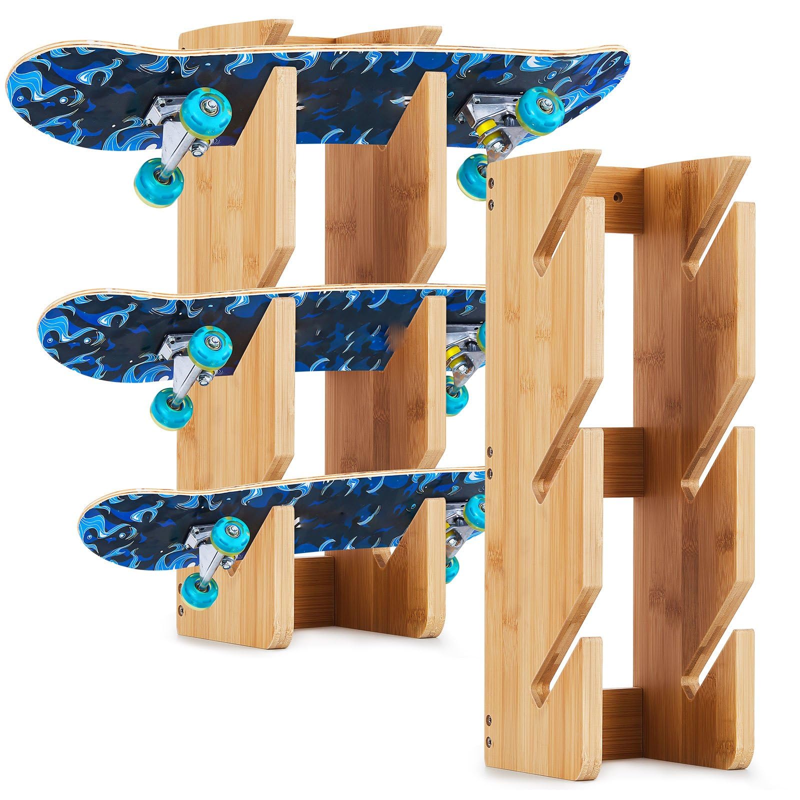 Photo 1 of *** PARTS ONLY****      Woanger 2 Pack Skateboard Rack Skateboard Wall Mount Display Holds 3 Boards Skateboard Hanger Sustainable Bamboo Skateboard Holder Wall Mount for Storage Home Garage Snowboard Indoor Organizer Skate