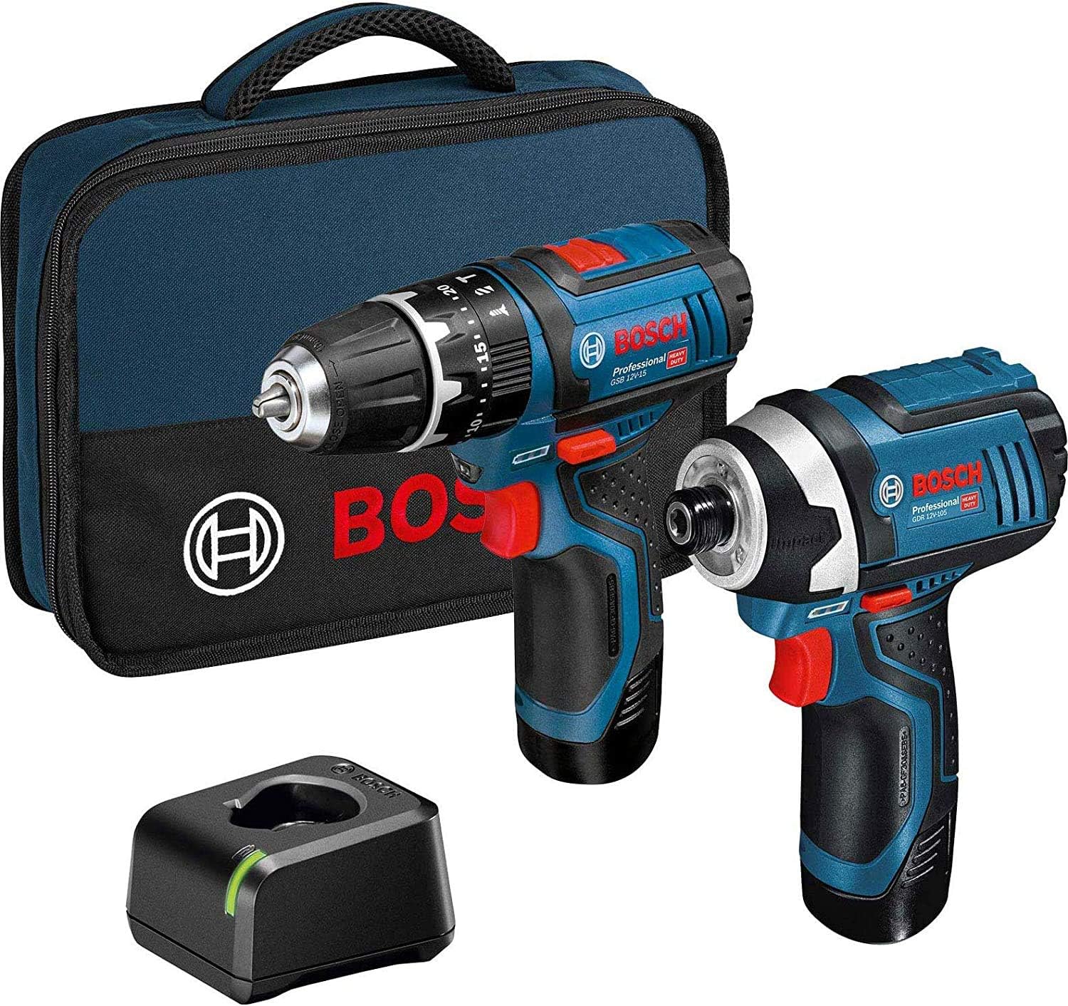 Bosch Professional 12V System Set: Cordless Combi Drill GSB 12V-15 + Impact Driver GDR 12V-105 (incl. 2X 2.0Ah Battery + Charger GAL 12V-40