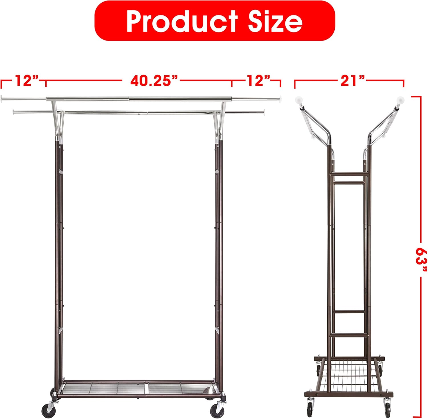 Simple Trending Double Rail Clothing Garment Rack, Heavy Duty Commercial Grade Rolling Clothes Organizer with Wheels and Bottom Shelves, Holds up to 250 lbs, Bronze and Chrome: Home Improvement