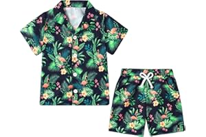 YUEMION Boys Hawaiian Outfit 2Pcs Set Summer Beach Button-Down Shirt Top + Shorts for Kids 2-10 Years