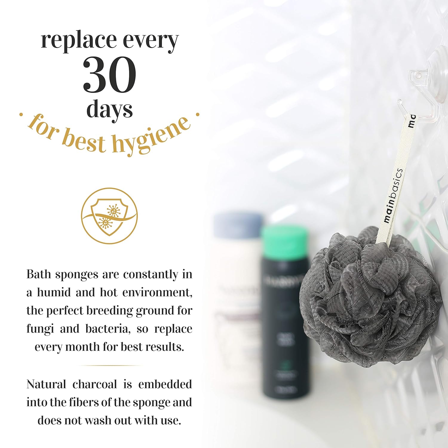 MainBasics Activated Charcoal Bath Shower Loofah Sponge Pouf Body Scrubber Exfoliator (Set of 3): Beauty