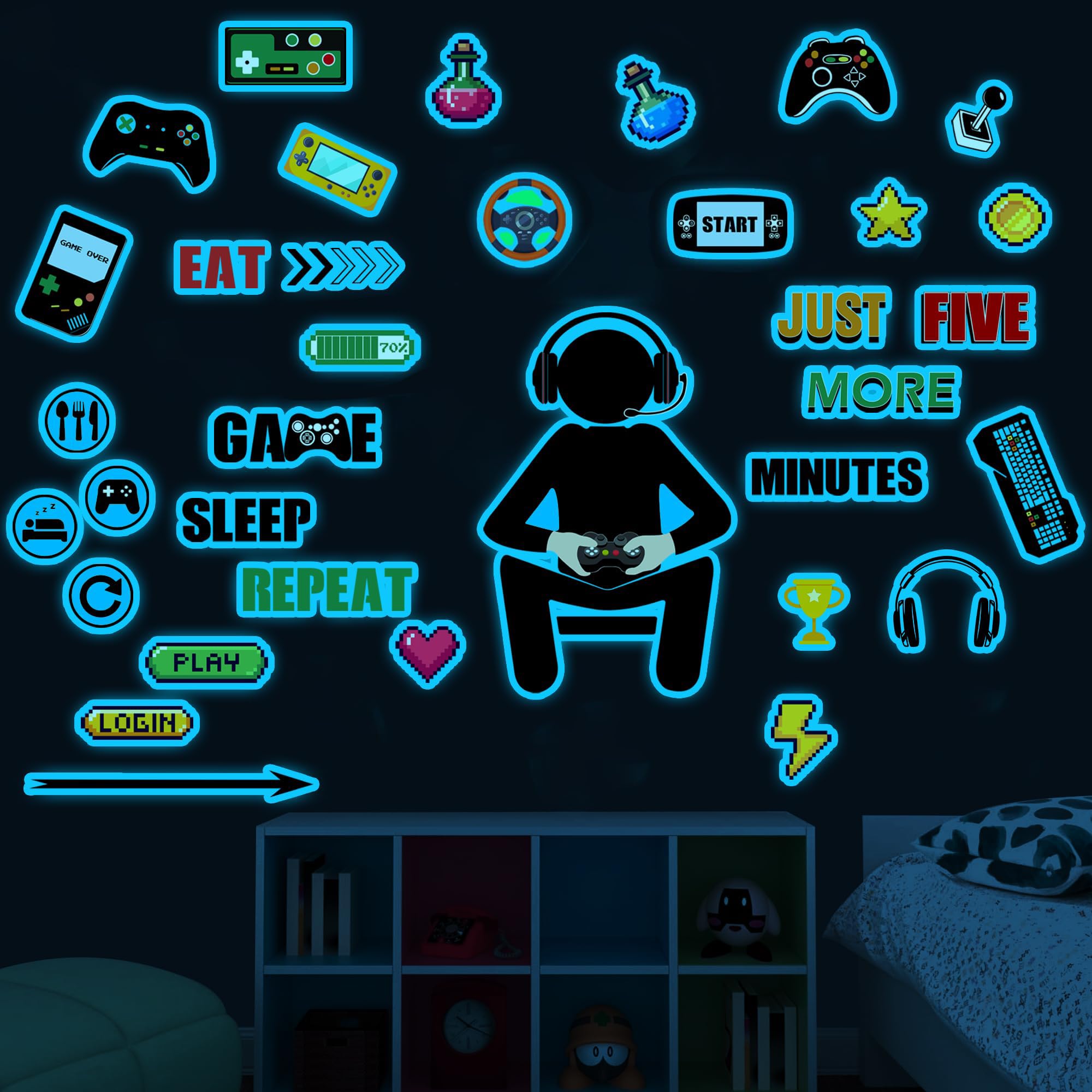 Photo 1 of Gamer Wall Decals Stickers Glow in The Dark Wall Decals Game Wall Stickers Gaming Controller Decals Game Room Decor Video Game Decal for Boys Kids Girls Bedoom Playroom Decor (Sky Blue)