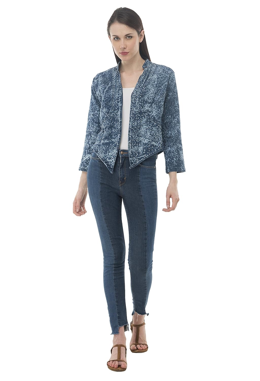 lomato denim full sleeves stone embroidered shrug