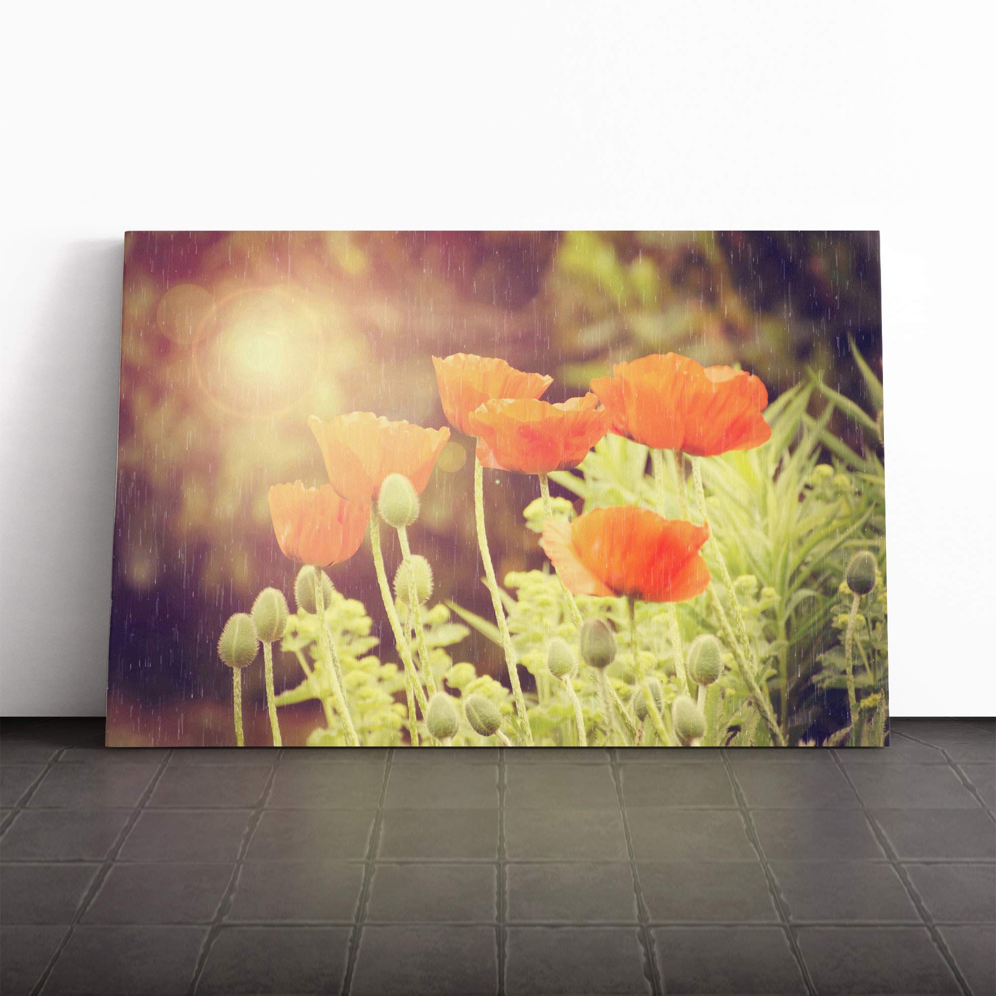 Poppy Field Flower Canvas Print | Gallery Wrapped 30mm Frame Wall Art | 20x14 inches | Ready to Hang | Retro Floral Picture | Living Room Bedroom Lounge Office