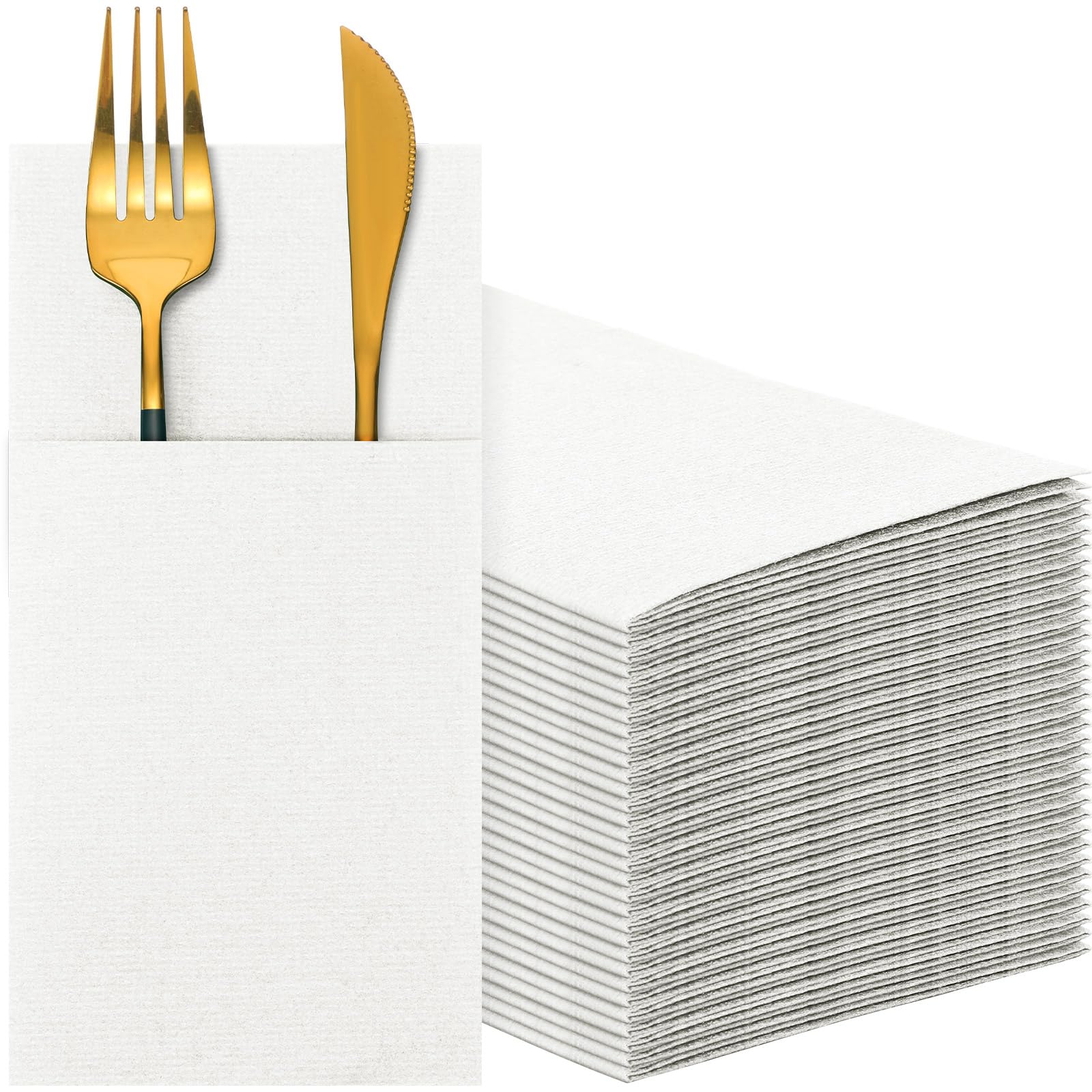 Photo 1 of 75 Pieces Paper Linen Napkins Disposable Airlaid Dinner Napkins Prefolded Guest Hand Towel with Built in Flatware Pocket for Silverware Valentine Spring Wedding Reception Bridal (White)