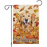 Heyfibro Welcome Fall Garden Flag 12 x 18 Inch Vertical Double Sided Burlap, Golden Retriever Dog Yard Flags Autumn Maple Leaves Seasonal Flag for Thanksgiving Farmhouse Decoration(ONLY FLAG)
