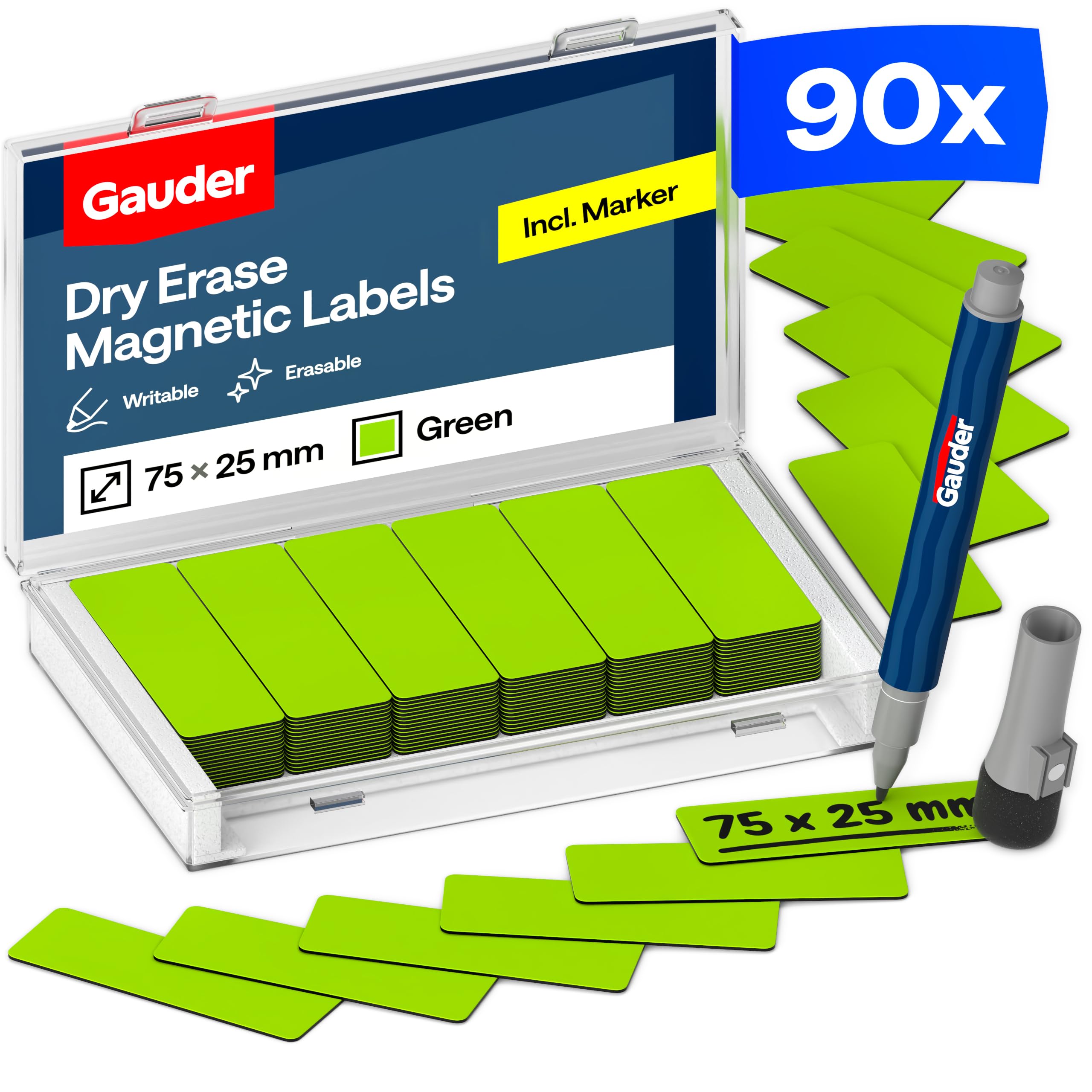 GAUDER Magnetic Labels Writable - Reusable Magnetic Tags for Whiteboard, Blackboard, Kanban Board and Fridge - Magnet Cards with Marker (90 Pieces - 75 x 25 mm)