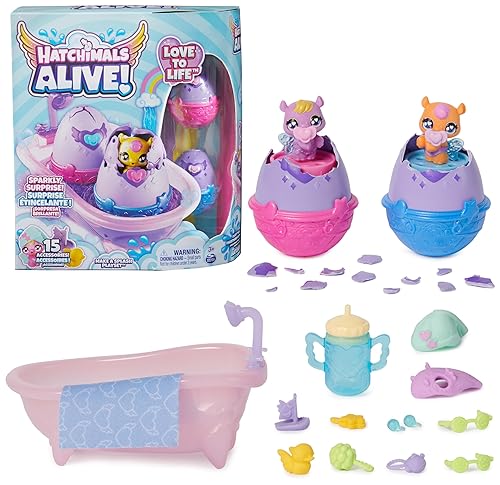 Hatchimals Alive, Make a Splash Playset with 15 Accessories, Bathtub, 2 Color-Change Mini Figures in Self-Hatching Eggs, Kids Toys for Girls and Boys