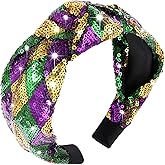 HSWE Mardi Gras Headband for Women Glitter Purple Green Yellow Sequin Top Knot Hairband Funny Carnival Parade Party Gift for Sister Mom Bestie
