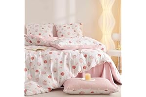 Erwinmu Girls Duvet Cover Set Queen Size Pink White Strawberry and Heart Pattern Reversible Bedding Set Cartoon Cute Style,Soft Microfiber Comforter Cover with Zipper Closure and 2 Pillowcases