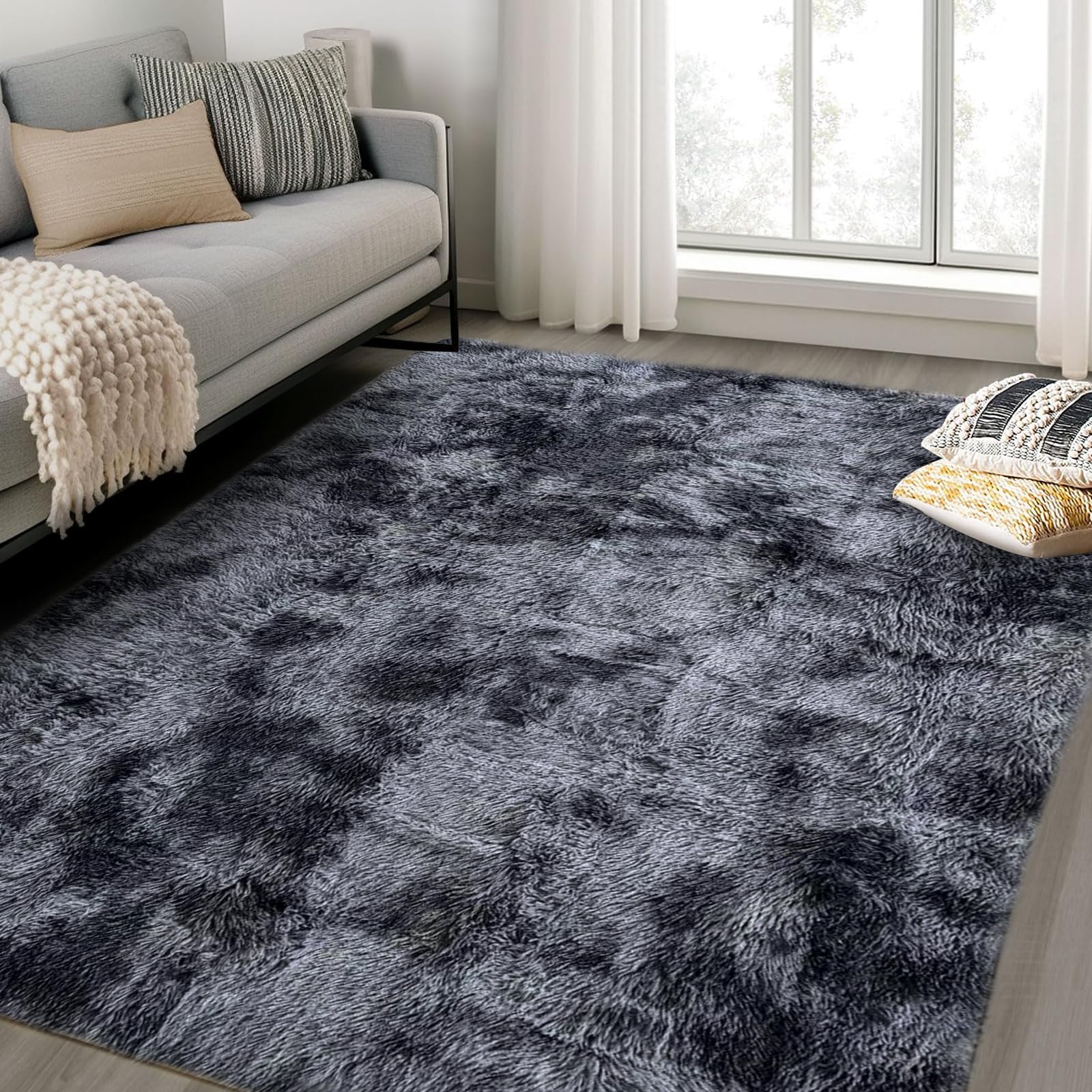 Calore Rugs Living Room Soft Fluffy Rug Bedroom Non-slip Large Modern Shaggy Area Rugs Carpet Floor Mat for Home Decor (Black Grey, 120 x 160 cm)