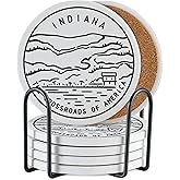 Onebttl Indiana Gifts Coaster Souvenir, Travel Homesick Gifts, Home Decor for Women, Moving, Housewarming, Set of 6, Ceramic, Absorbent with Cork Base