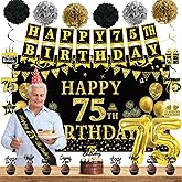 Trgowaul 75th Birthday Decorations for Men Women, 22pcs Black Gold Birthday Party Supplies, Banner, Hanging Swirl Flag, 75th Sash&cake topper, Balloons, 75 Year Old Party Decorations Set