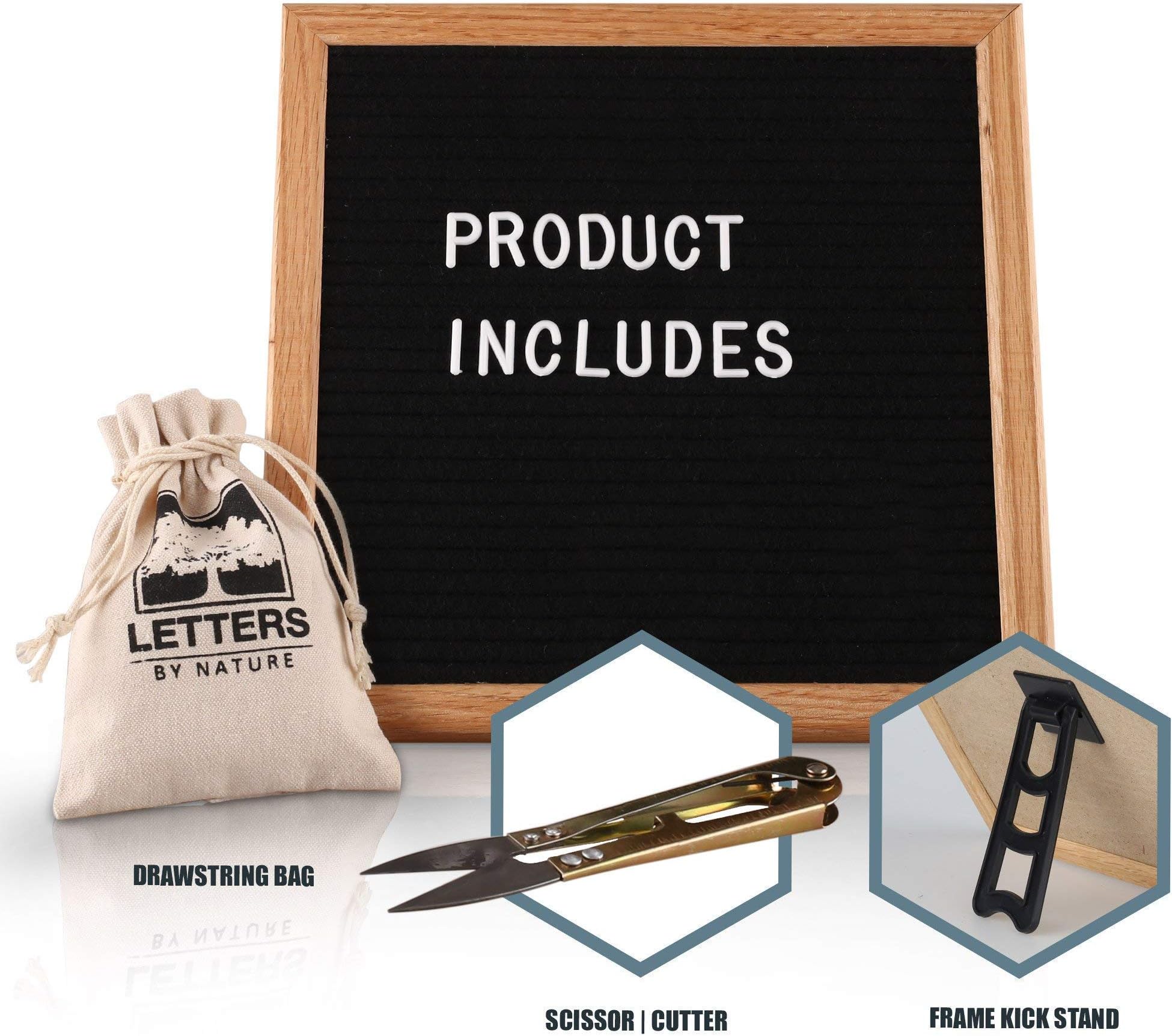 Black Felt Letter Board 10x10 Inches, Changeable Letter Board with 480 White Plastic Letters,Symbols,Emoji and Numbers, Oak Wood Frame with Stand,Letter Sign with Mounting Hook,Canvas Bag and Scissors
