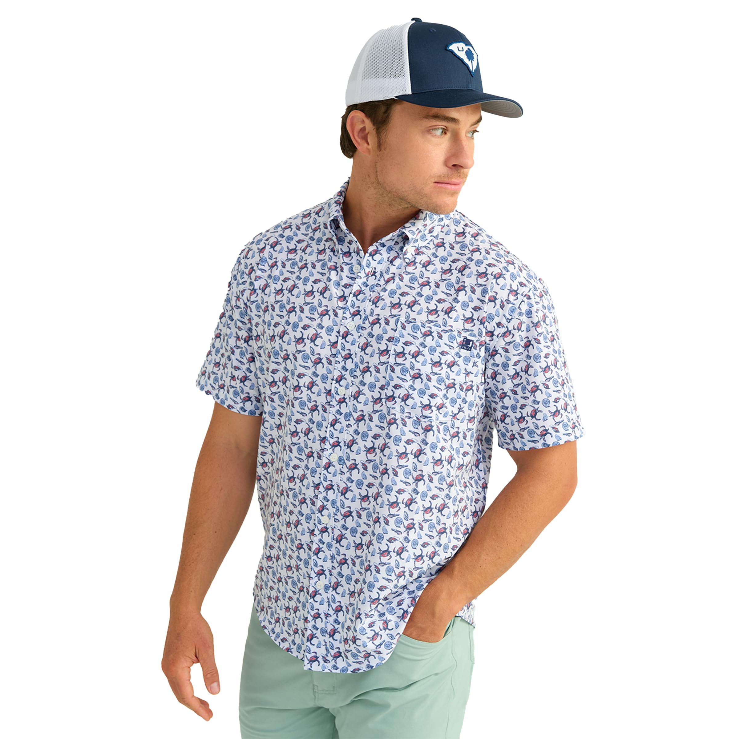 HUK Mens Kona Pattern Short Sleeve Fishing Button Down Shirt, Naval Academy, Small