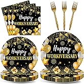 Justforjoyful 96Pcs Happy Work Anniversary Party Supplies Black Gold Happy Workiversary Tableware Dinnerware Set Worker Appreciation Plates Napkins Decorations for Women Men Office Employee Worker