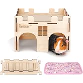 HIIMALEX Sturdy Guinea Pig Hideout Wooden Castle for Guinea Pig Chinchilla Hedgehog Gerbil Hamster Rat House Habitat for Playing and Hiding (Castle with Ramp &amp; Mat)