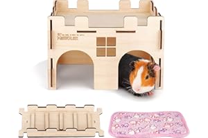 HIIMALEX Sturdy Guinea Pig Hideout with Ramp and Plush Bedding Wooden Castle for Guinea Pig Chinchilla Hedgehog Gerbil Hamster Rat House Habitat for Playing and Hiding