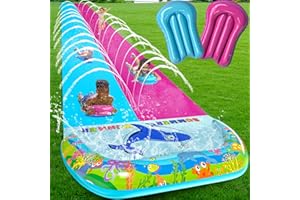 OHMANHE 36FT x 6.56FT Extra Long Double Lawn Water Slide for Kids Adults, XXXL Heavy Duty Outdoor Water Slip with Sprinkler N 2 Bodyboards, Backyard Summer Water Slip Toy with Crash Pad