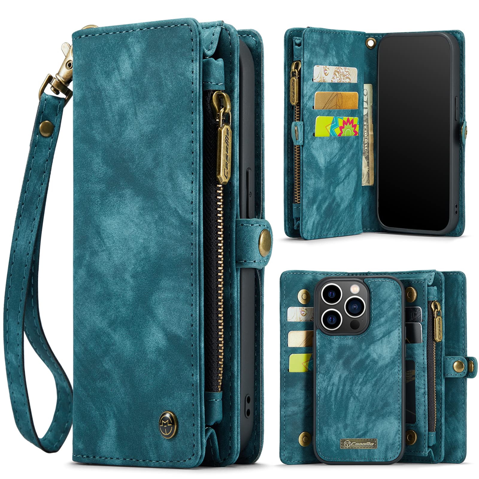 CaseMe Leather Flip Wallet Case for iPhone 13 Pro Max,Detachable Back Magnetic Closure 2-in-1 Shockproof Zipper Purse Cover with Card Slots (13 Pro Max, Blue)
