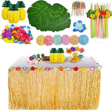 Yqing 117 Piezas Hawaiano Luau Falda De Mesa Set De Decoracion Decoracion De Fiesta Tropical De 9 6ft Con Hojas De Palma Flores Hawaianas Decoraciones De Mesa De Fiesta Tiki De Verano Amazon Es
