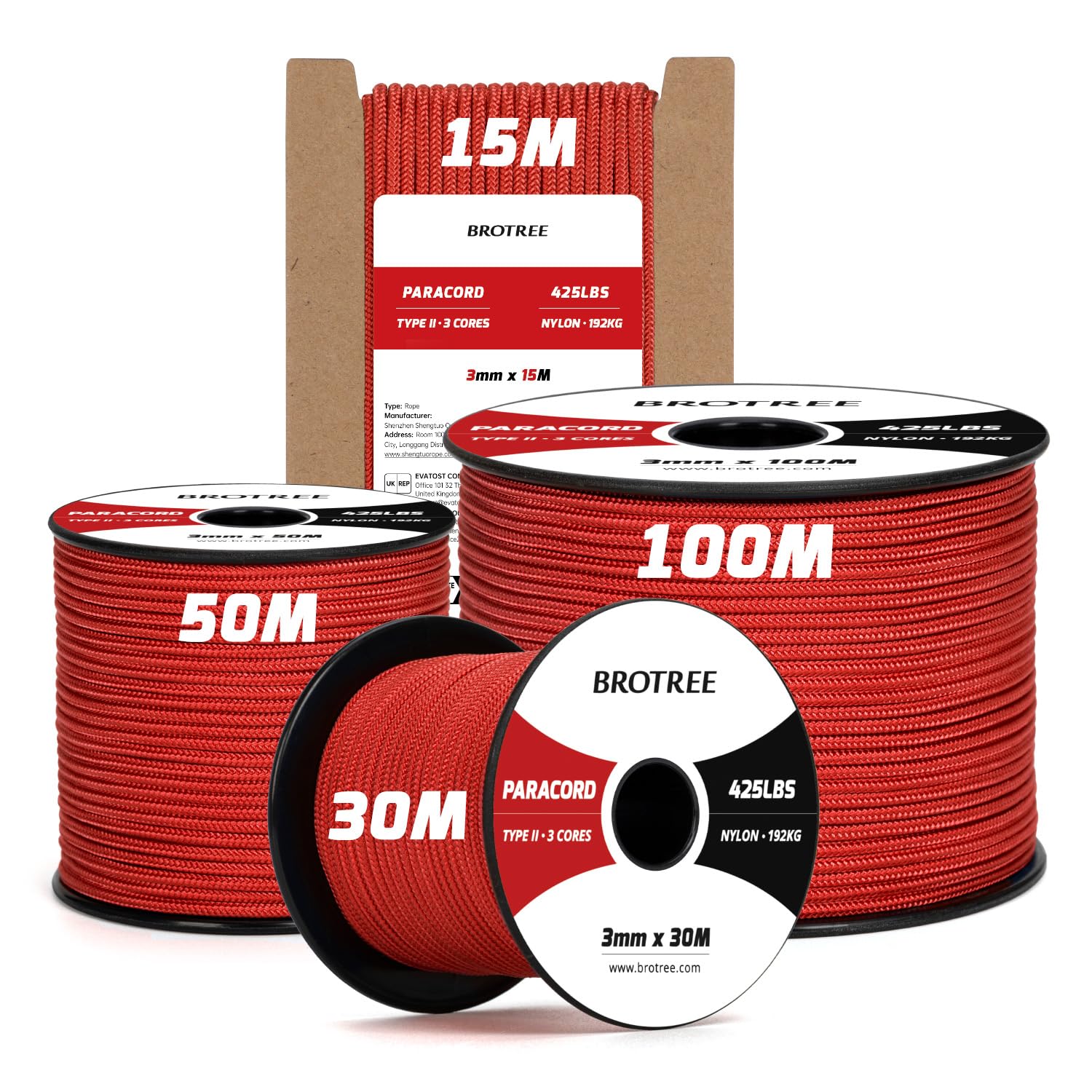 Brotree 3mm Paracord 425 100% Nylon 100M Rope 3 Strands Type II Parachute Cord for Outdoor, Craft, DIY - 192kg Breaking Load (Red)