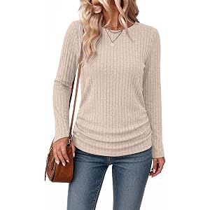 WIHOLL Womens Long Sleeve Shirts Side Ruched Ribbed Knit Casual Fall Tops | Crewneck,Soft,Comfy,Early Fall Fashion,School Out