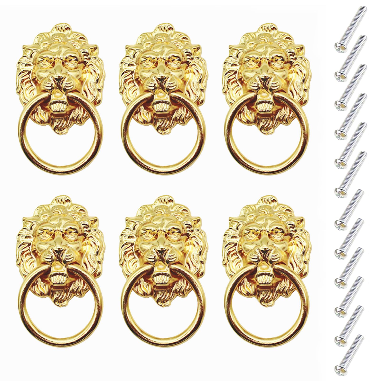 YankMooM 6 Pack Lion Head Drawer Handle,Antique Handles Gold with Srews Antique Style Furniture Handle for Dresser Drawer Cabinet Jewelry Box