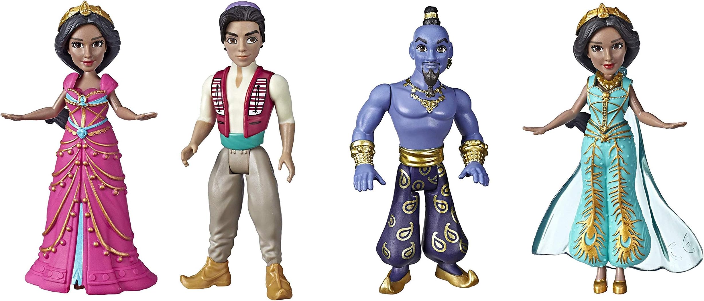 Set of 4 Disney Collectible Figures Inspired by Disney's Aladdin Live-Action Movie - Princess Jasmine in Pink Dress, Aladdin, Genie and Princess Jasmine in Teal Dress, Toy for Kids Ages 3 & Up, 3.5"