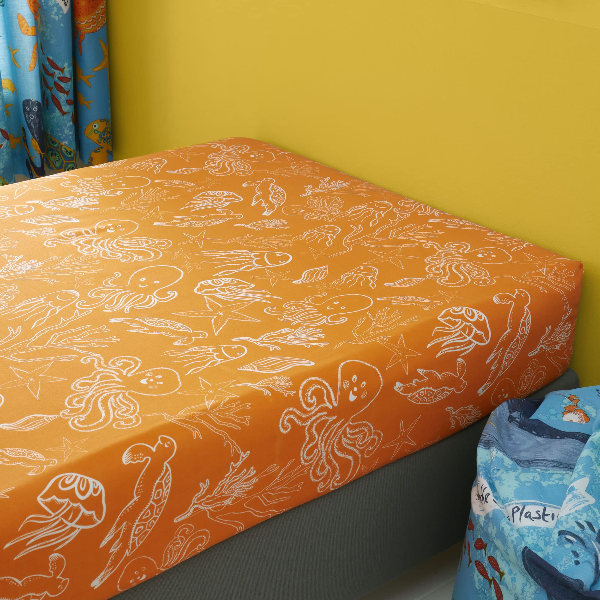Happy Linen Company Girls Boys Kids Ocean Friends Sealife Orange Toddler Cot Bed Fitted Sheet